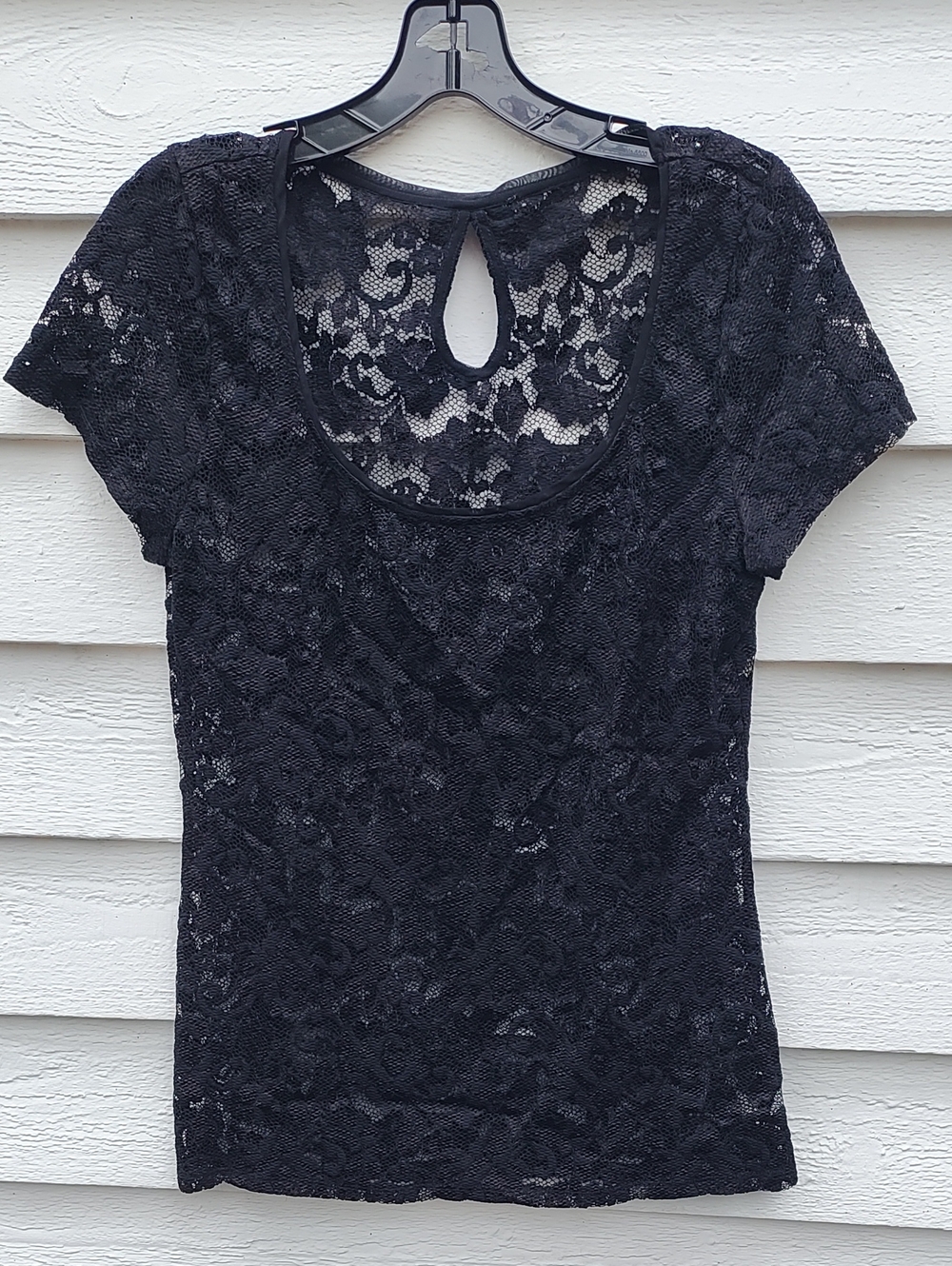 Black Lace Short-Sleeve Scoop Neck Top with Keyhole Back